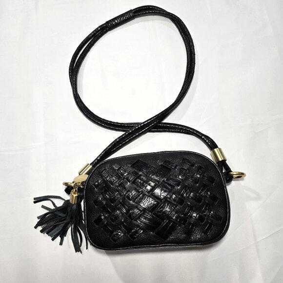 Brahmin Handbags - Brahmin Black Leather Multi-Texture Crossbody Bag, Gold Hardware, Key Clip